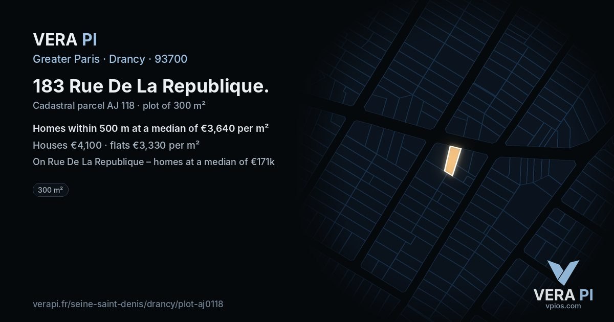 183 Rue De La Republique, Drancy at night – the plot lit, the parcels around coloured by the prices near them