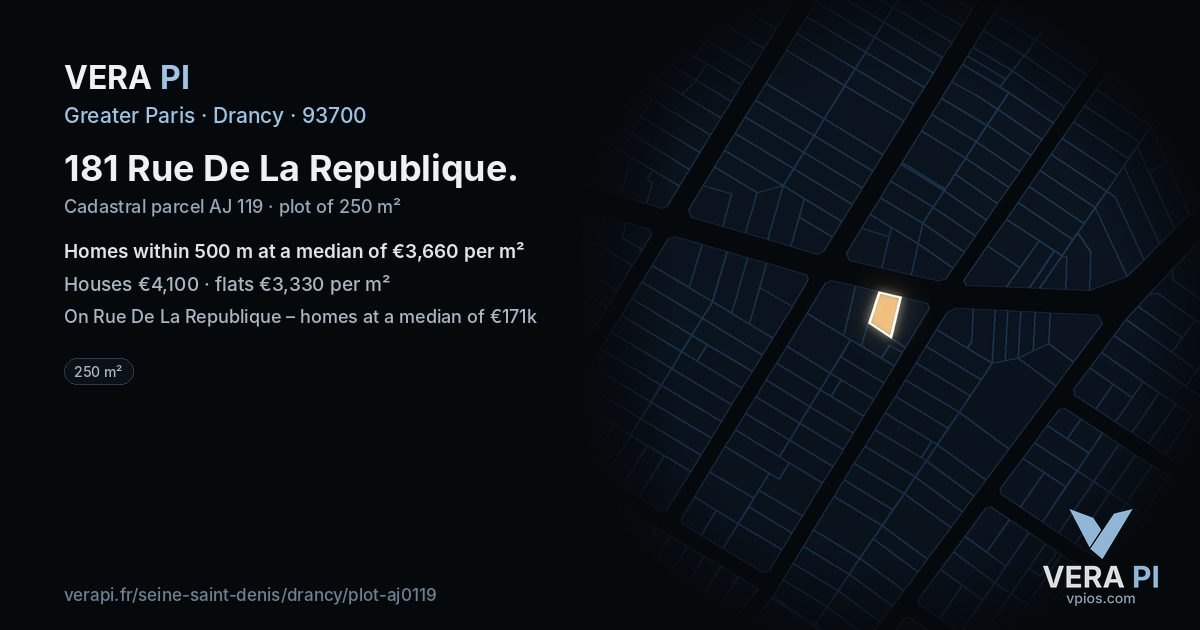 181 Rue De La Republique, Drancy at night – the plot lit, the parcels around coloured by the prices near them