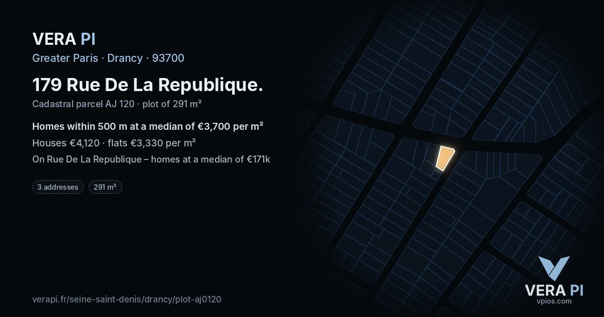 179 Rue De La Republique, Drancy at night – the plot lit, the parcels around coloured by the prices near them