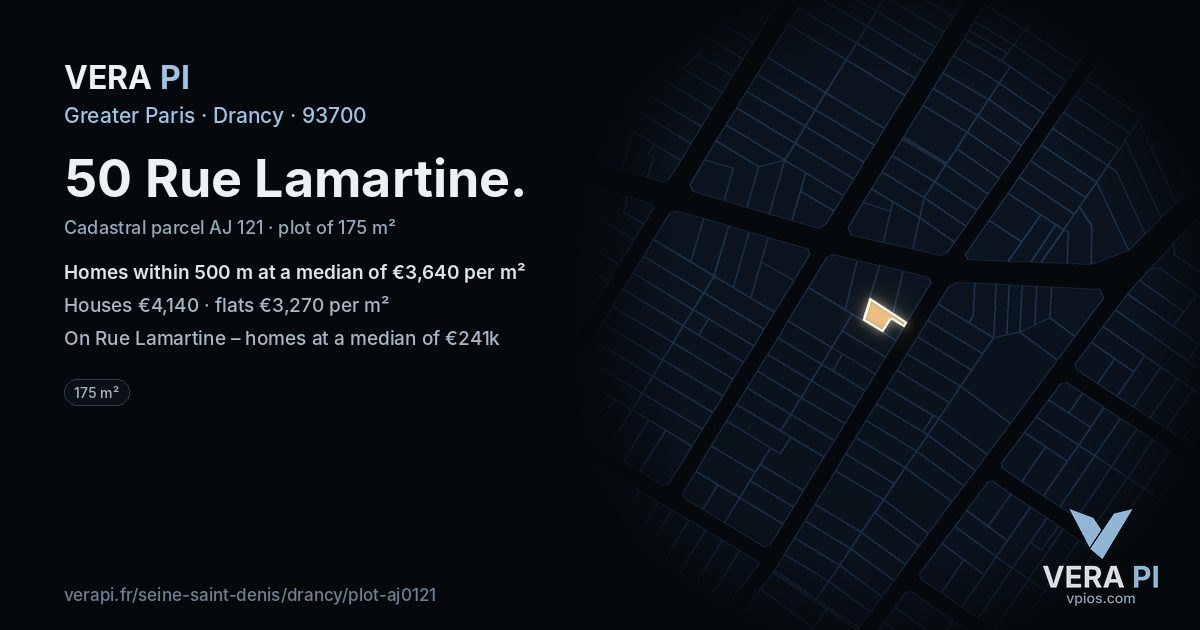 50 Rue Lamartine, Drancy at night – the plot lit, the parcels around coloured by the prices near them