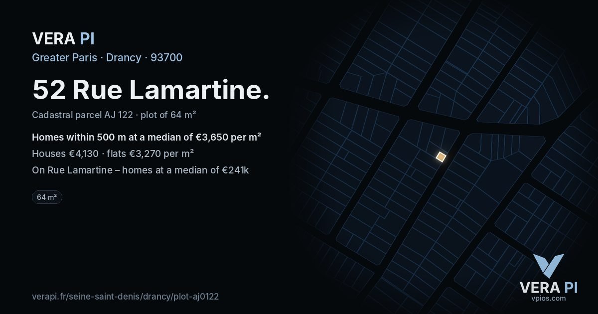 52 Rue Lamartine, Drancy at night – the plot lit, the parcels around coloured by the prices near them