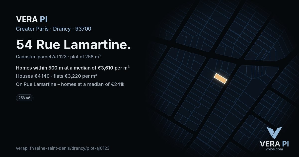 54 Rue Lamartine, Drancy at night – the plot lit, the parcels around coloured by the prices near them