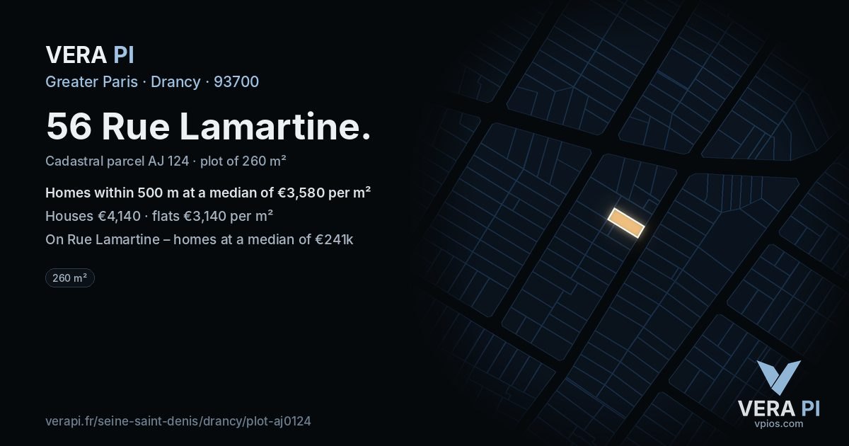 56 Rue Lamartine, Drancy at night – the plot lit, the parcels around coloured by the prices near them