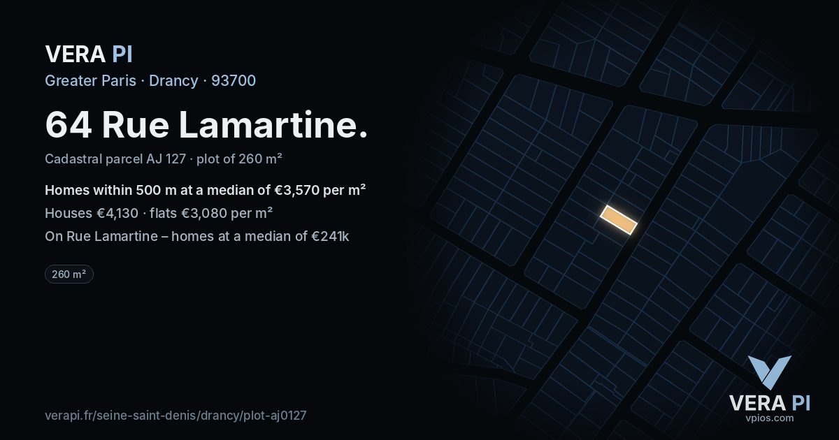 64 Rue Lamartine, Drancy at night – the plot lit, the parcels around coloured by the prices near them