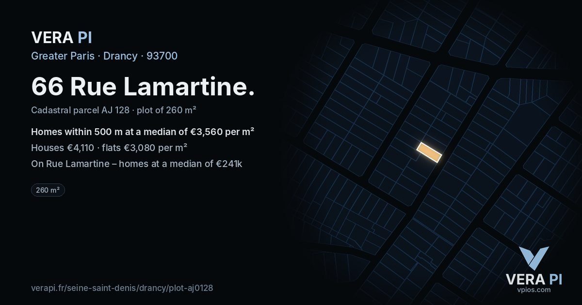 66 Rue Lamartine, Drancy at night – the plot lit, the parcels around coloured by the prices near them