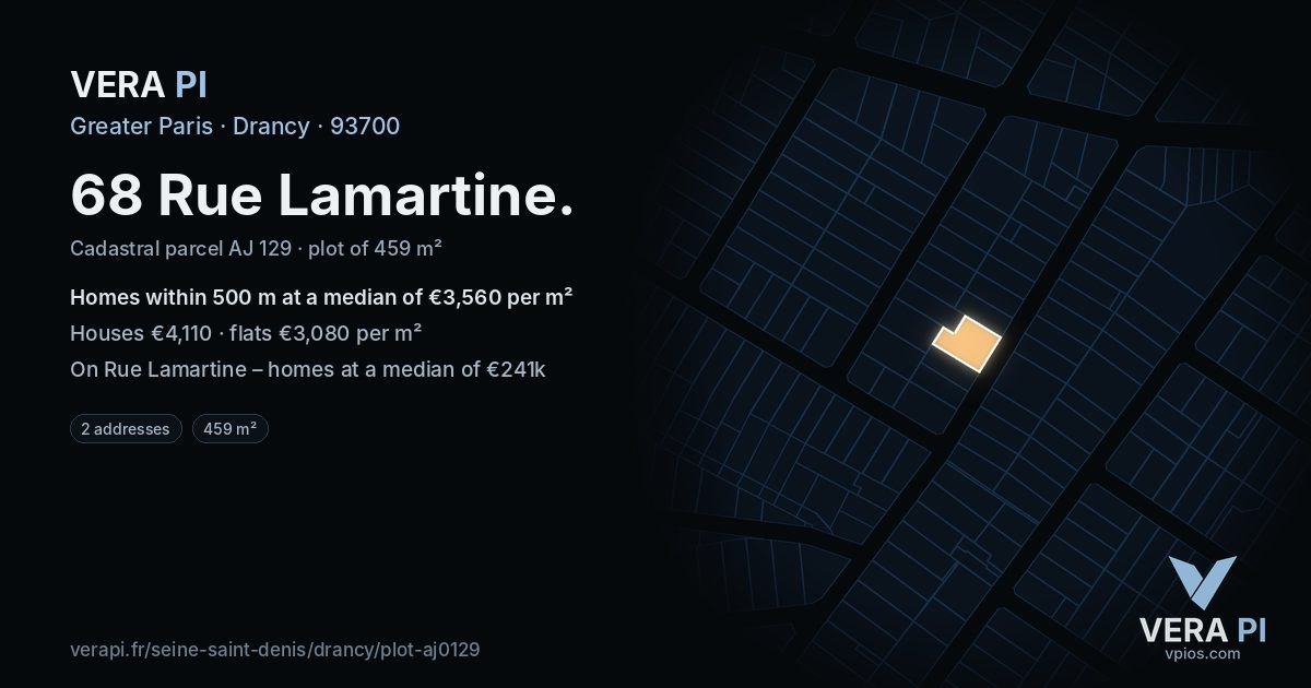 68 Rue Lamartine, Drancy at night – the plot lit, the parcels around coloured by the prices near them