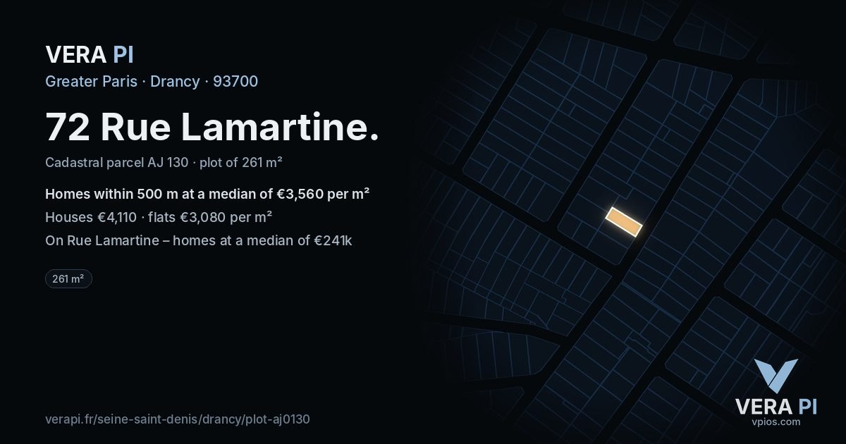 72 Rue Lamartine, Drancy at night – the plot lit, the parcels around coloured by the prices near them