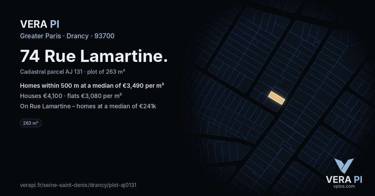 74 Rue Lamartine, Drancy at night – the plot lit, the parcels around coloured by the prices near them