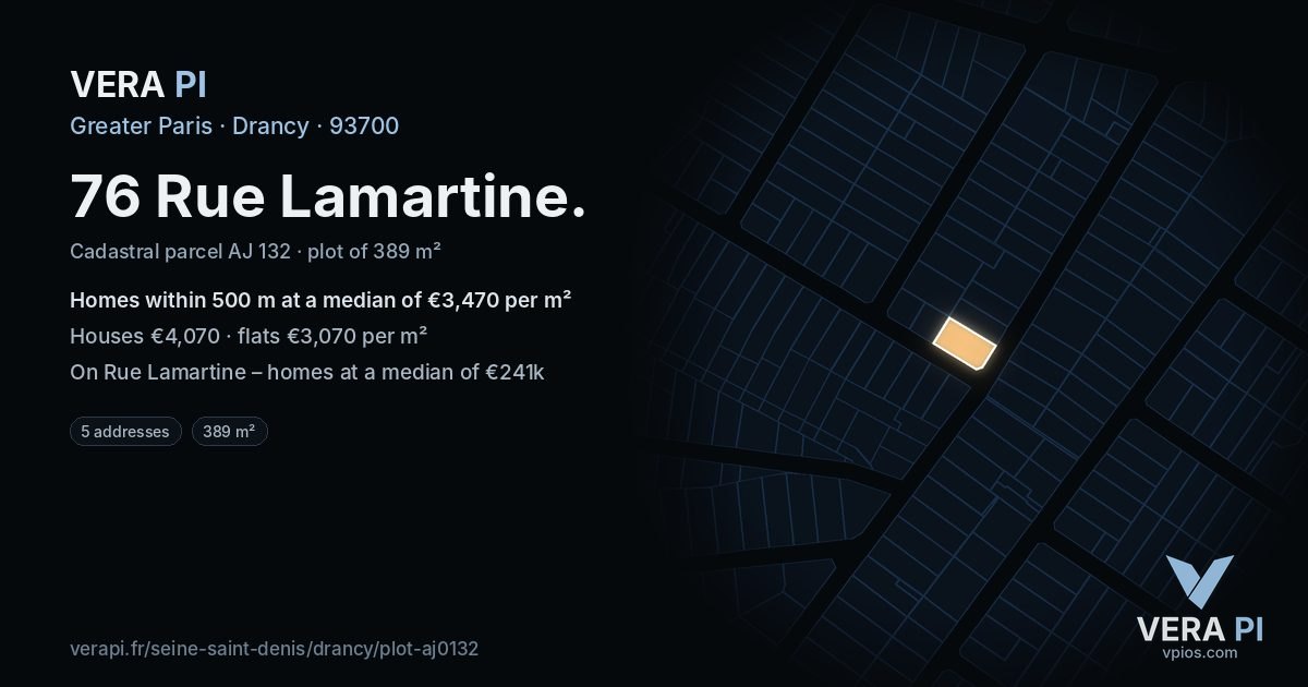 76 Rue Lamartine, Drancy at night – the plot lit, the parcels around coloured by the prices near them