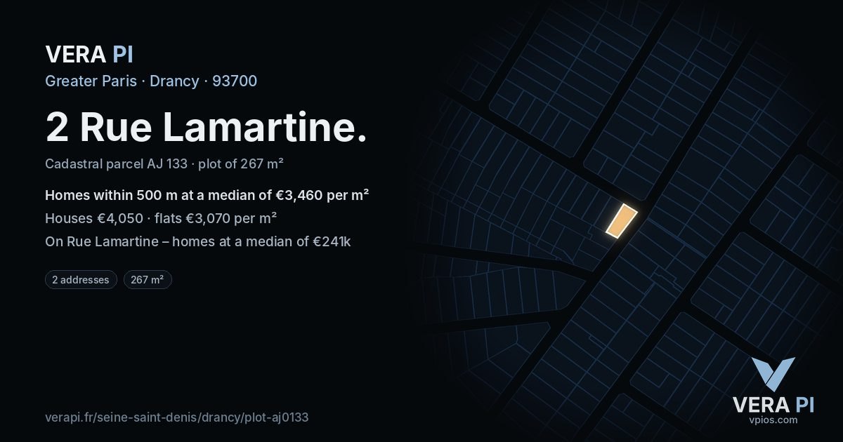 2 Rue Lamartine, Drancy at night – the plot lit, the parcels around coloured by the prices near them
