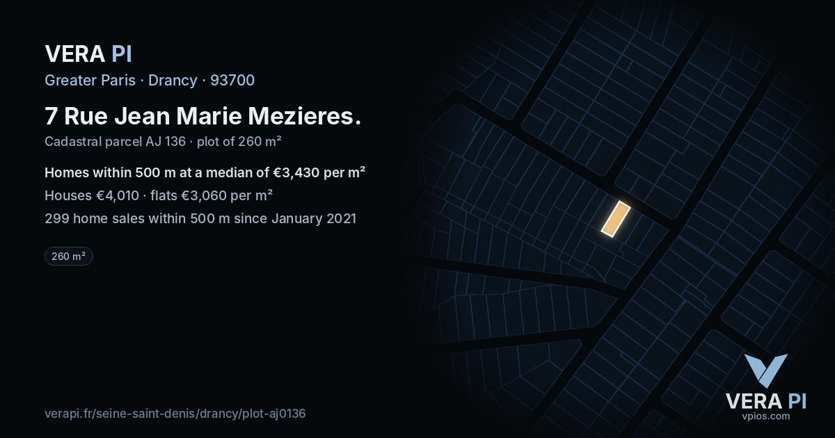 7 Rue Jean Marie Mezieres, Drancy at night – the plot lit, the parcels around coloured by the prices near them