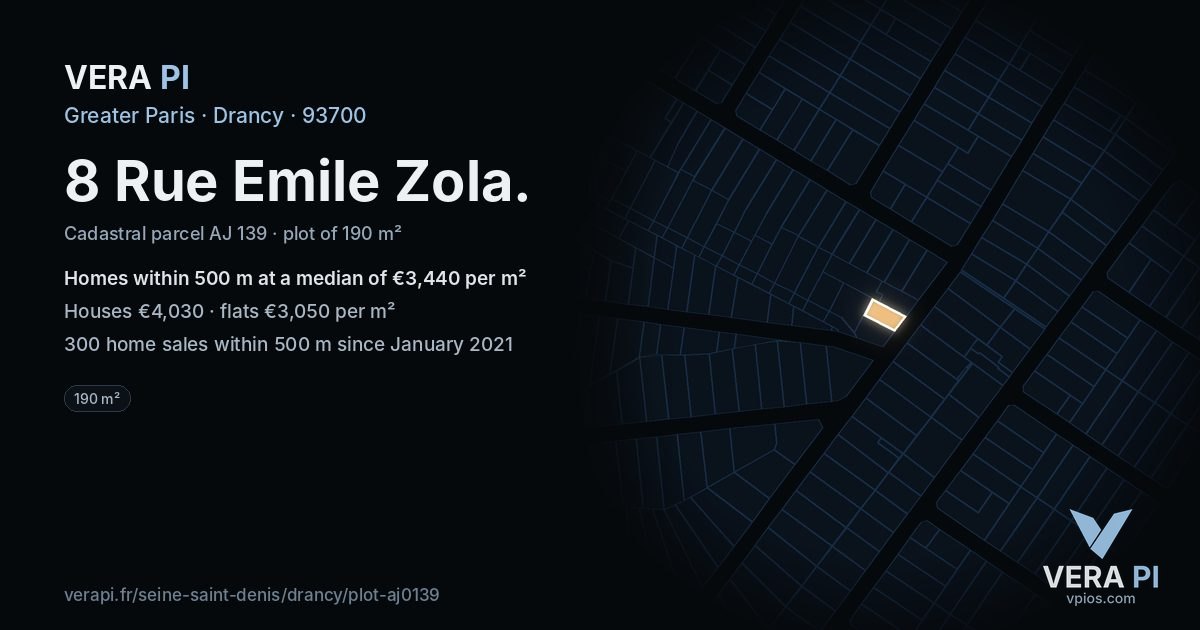 8 Rue Emile Zola, Drancy at night – the plot lit, the parcels around coloured by the prices near them