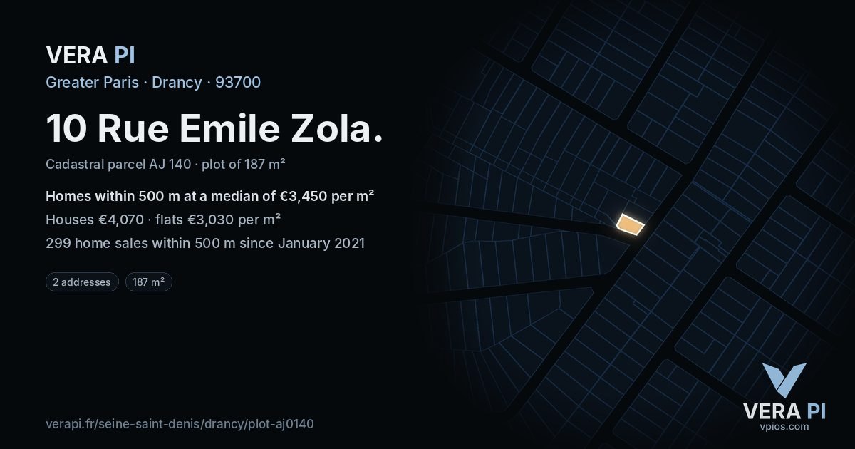 10 Rue Emile Zola, Drancy at night – the plot lit, the parcels around coloured by the prices near them