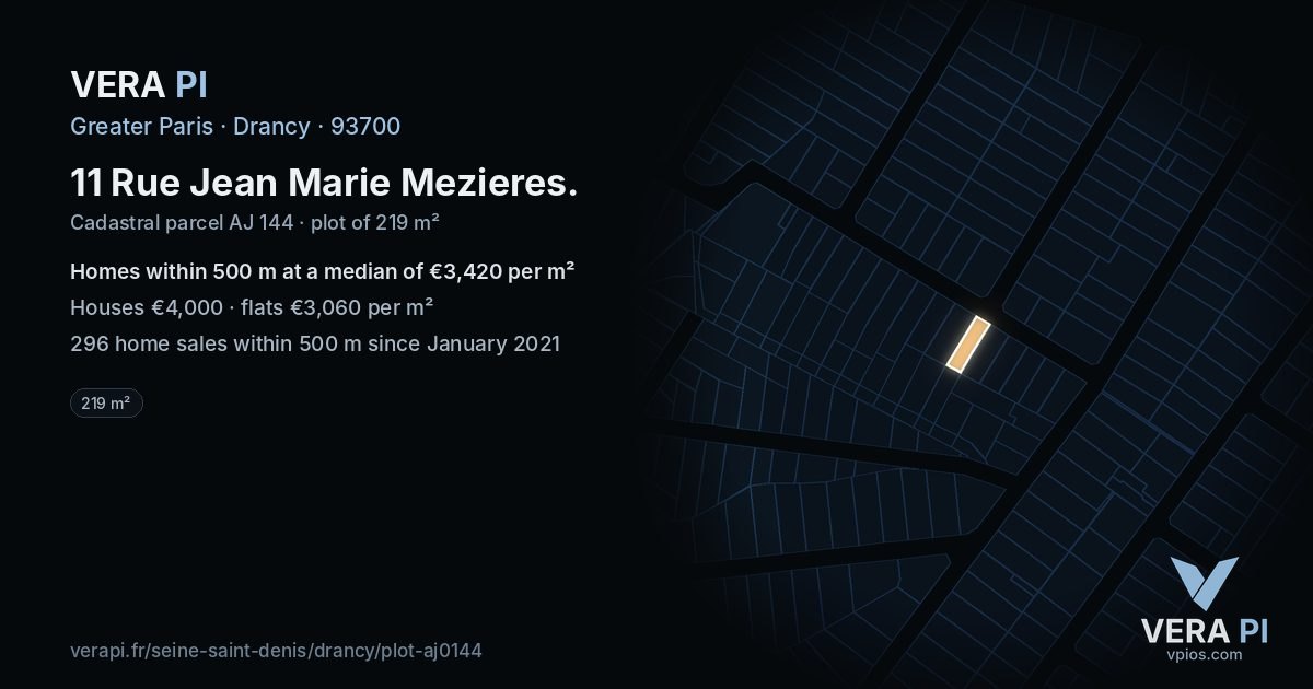 11 Rue Jean Marie Mezieres, Drancy at night – the plot lit, the parcels around coloured by the prices near them