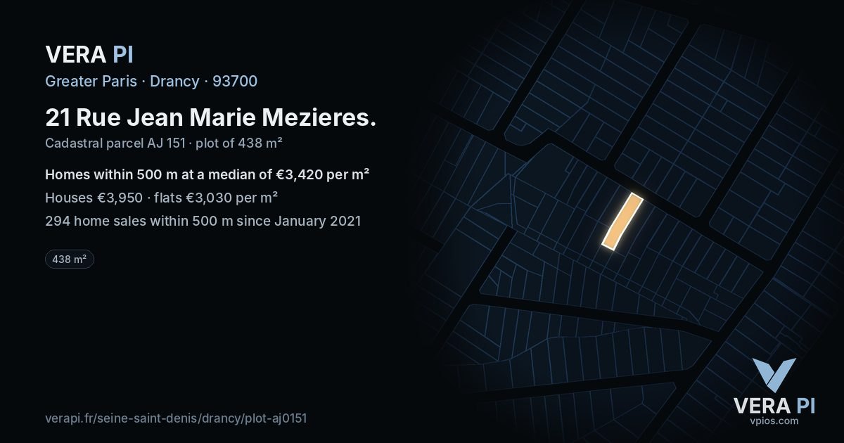 21 Rue Jean Marie Mezieres, Drancy at night – the plot lit, the parcels around coloured by the prices near them