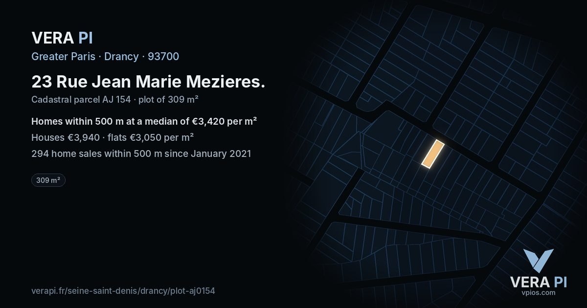 23 Rue Jean Marie Mezieres, Drancy at night – the plot lit, the parcels around coloured by the prices near them