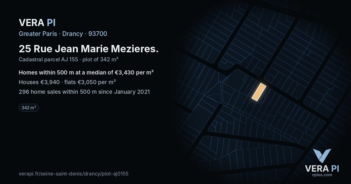 25 Rue Jean Marie Mezieres, Drancy at night – the plot lit, the parcels around coloured by the prices near them