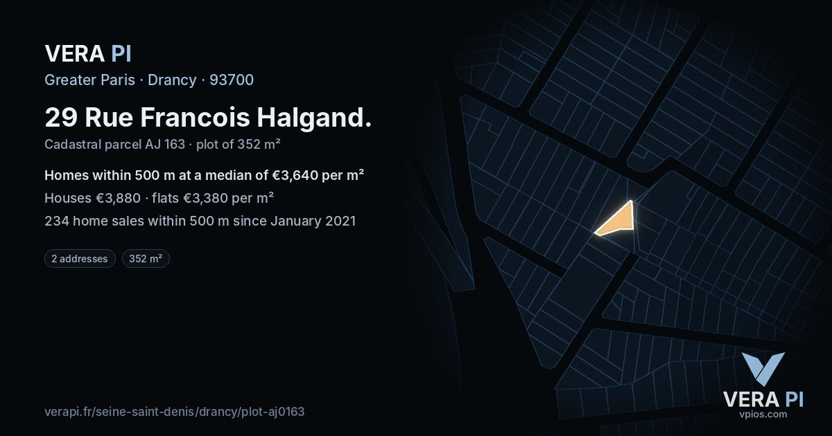 29 Rue Francois Halgand, Drancy at night – the plot lit, the parcels around coloured by the prices near them