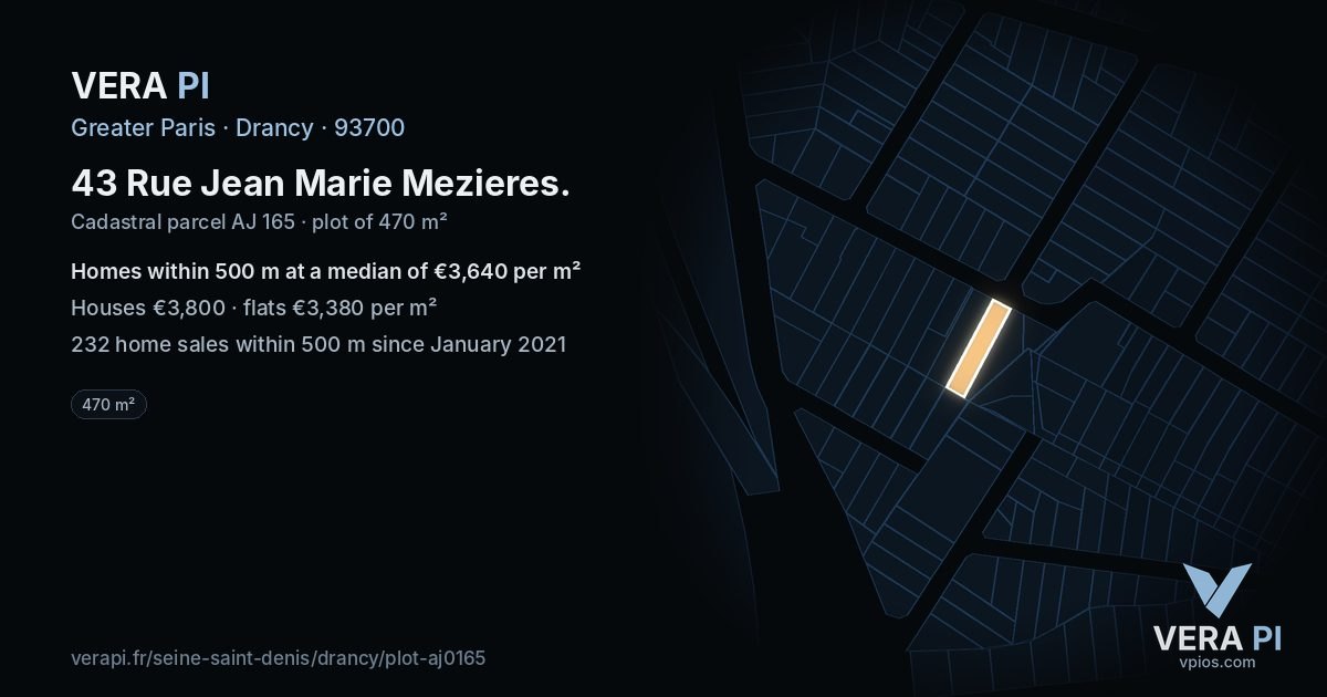 43 Rue Jean Marie Mezieres, Drancy at night – the plot lit, the parcels around coloured by the prices near them