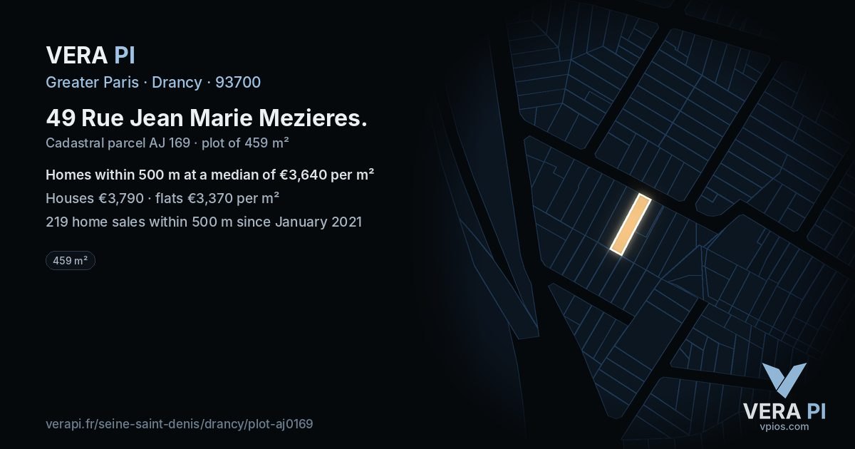 49 Rue Jean Marie Mezieres, Drancy at night – the plot lit, the parcels around coloured by the prices near them