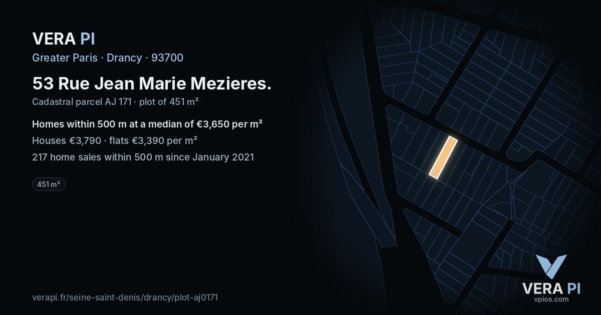 53 Rue Jean Marie Mezieres, Drancy at night – the plot lit, the parcels around coloured by the prices near them