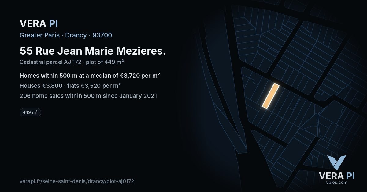 55 Rue Jean Marie Mezieres, Drancy at night – the plot lit, the parcels around coloured by the prices near them