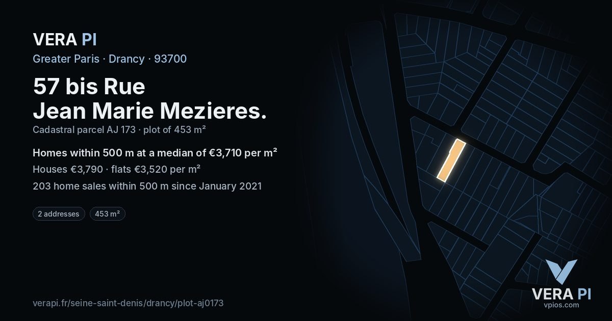 57 bis Rue Jean Marie Mezieres, Drancy at night – the plot lit, the parcels around coloured by the prices near them