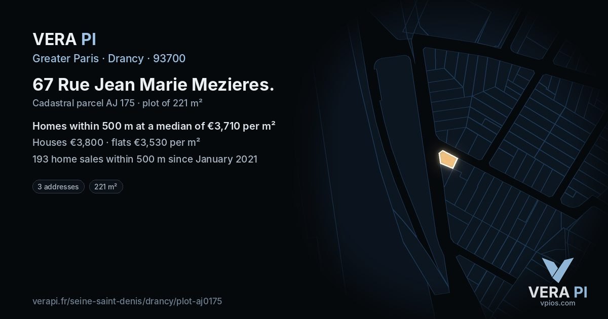67 Rue Jean Marie Mezieres, Drancy at night – the plot lit, the parcels around coloured by the prices near them