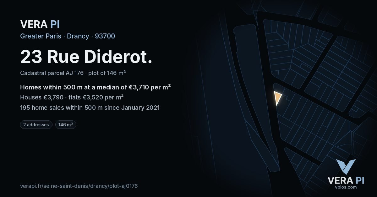 23 Rue Diderot, Drancy at night – the plot lit, the parcels around coloured by the prices near them