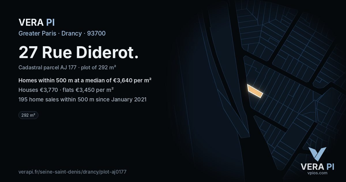 27 Rue Diderot, Drancy at night – the plot lit, the parcels around coloured by the prices near them