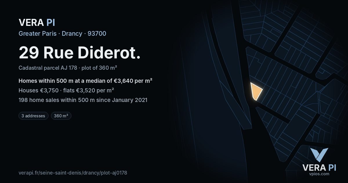 29 Rue Diderot, Drancy at night – the plot lit, the parcels around coloured by the prices near them