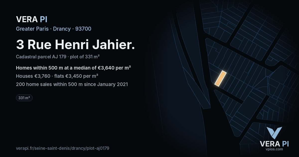 3 Rue Henri Jahier, Drancy at night – the plot lit, the parcels around coloured by the prices near them