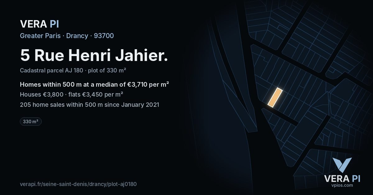 5 Rue Henri Jahier, Drancy at night – the plot lit, the parcels around coloured by the prices near them