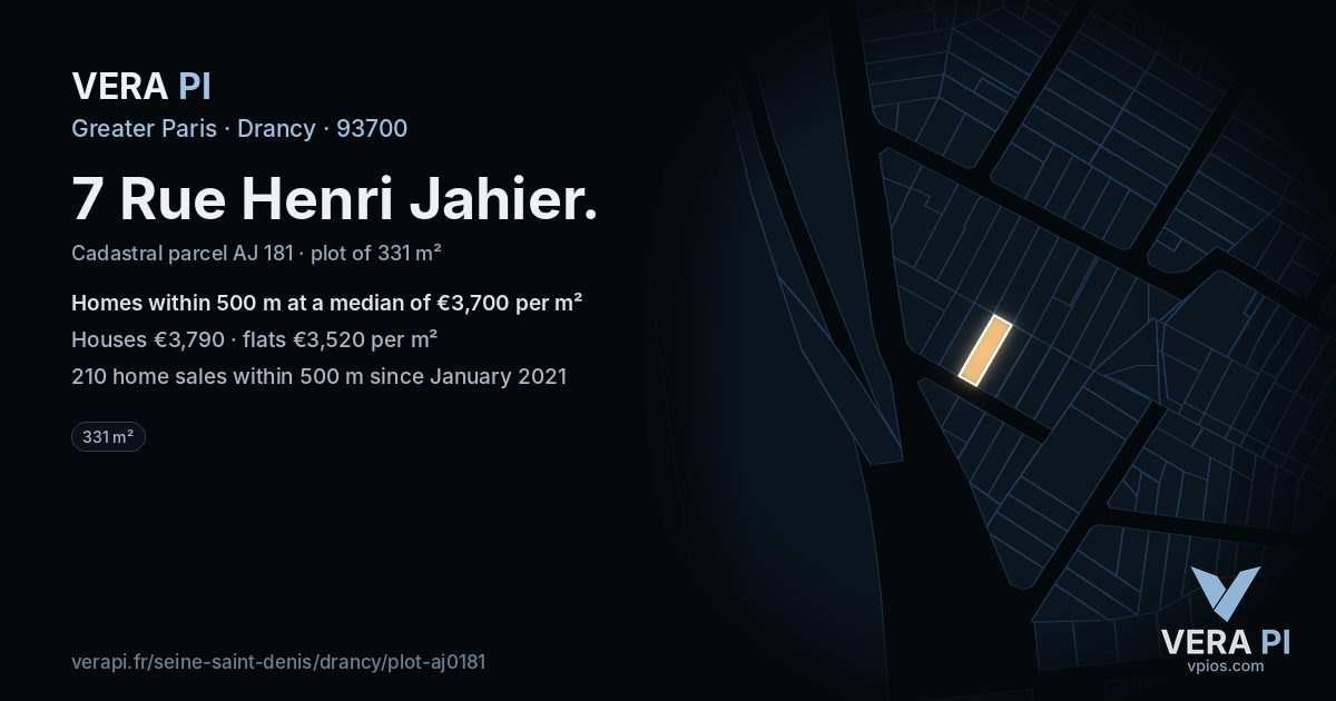 7 Rue Henri Jahier, Drancy at night – the plot lit, the parcels around coloured by the prices near them