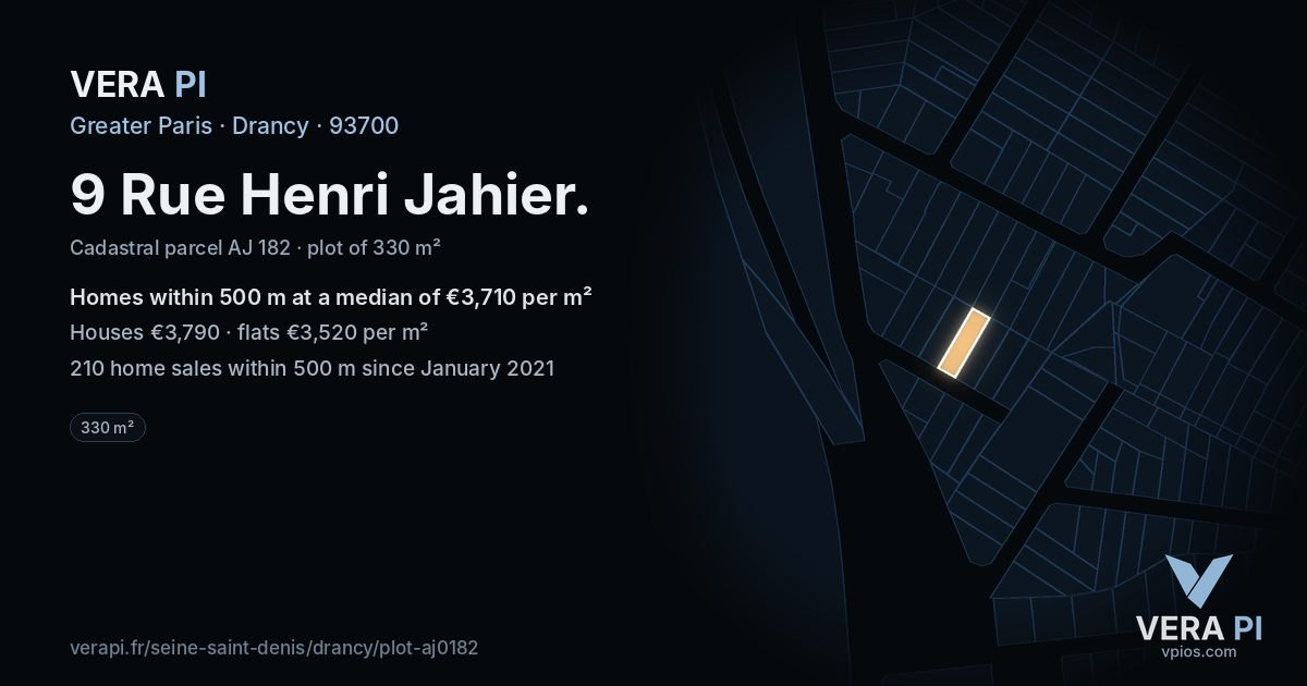 9 Rue Henri Jahier, Drancy at night – the plot lit, the parcels around coloured by the prices near them