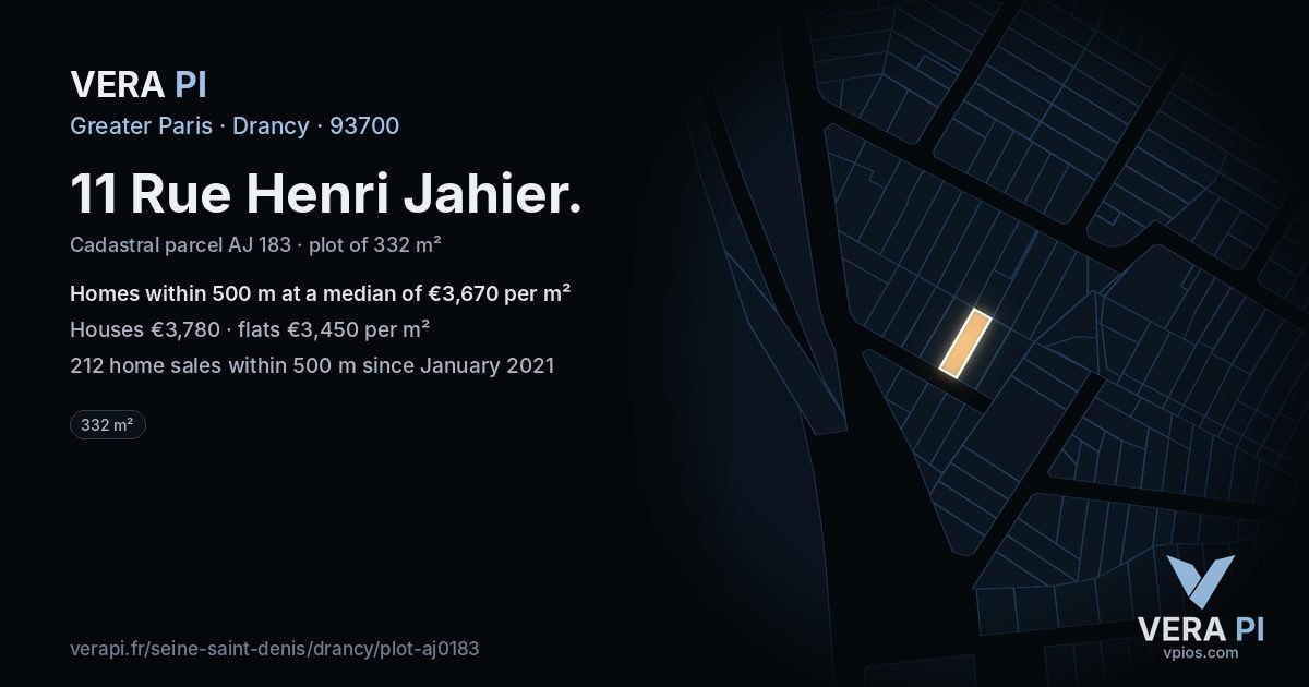 11 Rue Henri Jahier, Drancy at night – the plot lit, the parcels around coloured by the prices near them