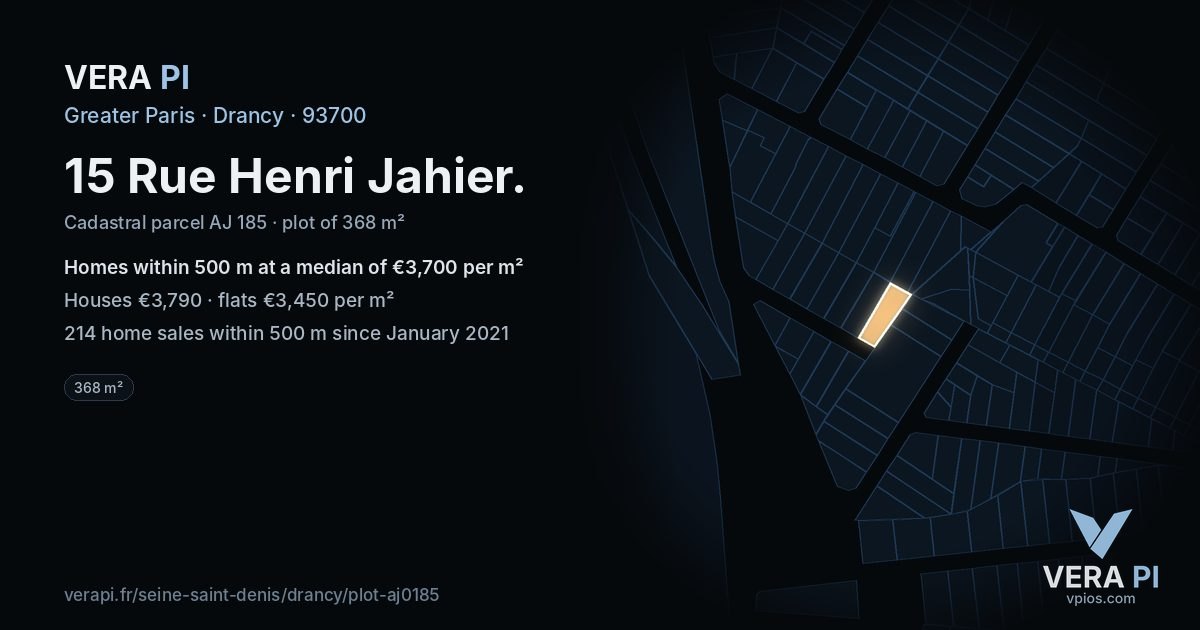 15 Rue Henri Jahier, Drancy at night – the plot lit, the parcels around coloured by the prices near them