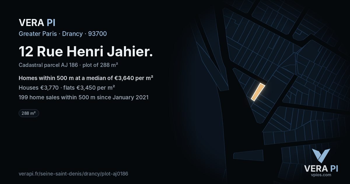 12 Rue Henri Jahier, Drancy at night – the plot lit, the parcels around coloured by the prices near them