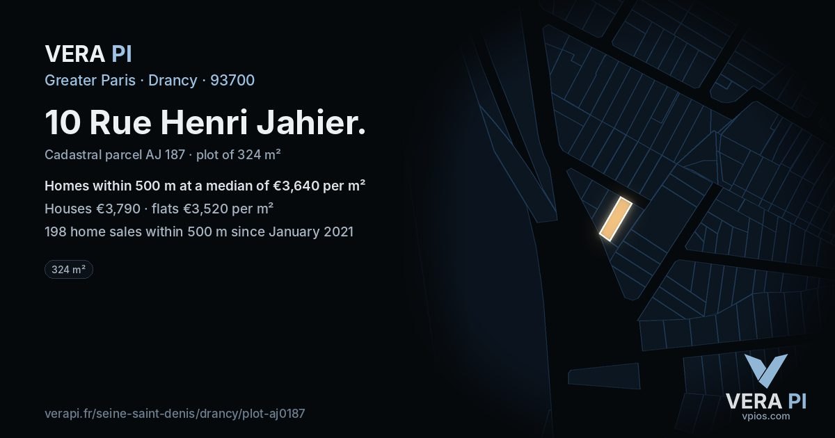 10 Rue Henri Jahier, Drancy at night – the plot lit, the parcels around coloured by the prices near them