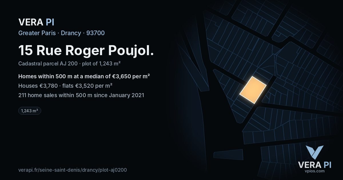 15 Rue Roger Poujol, Drancy at night – the plot lit, the parcels around coloured by the prices near them