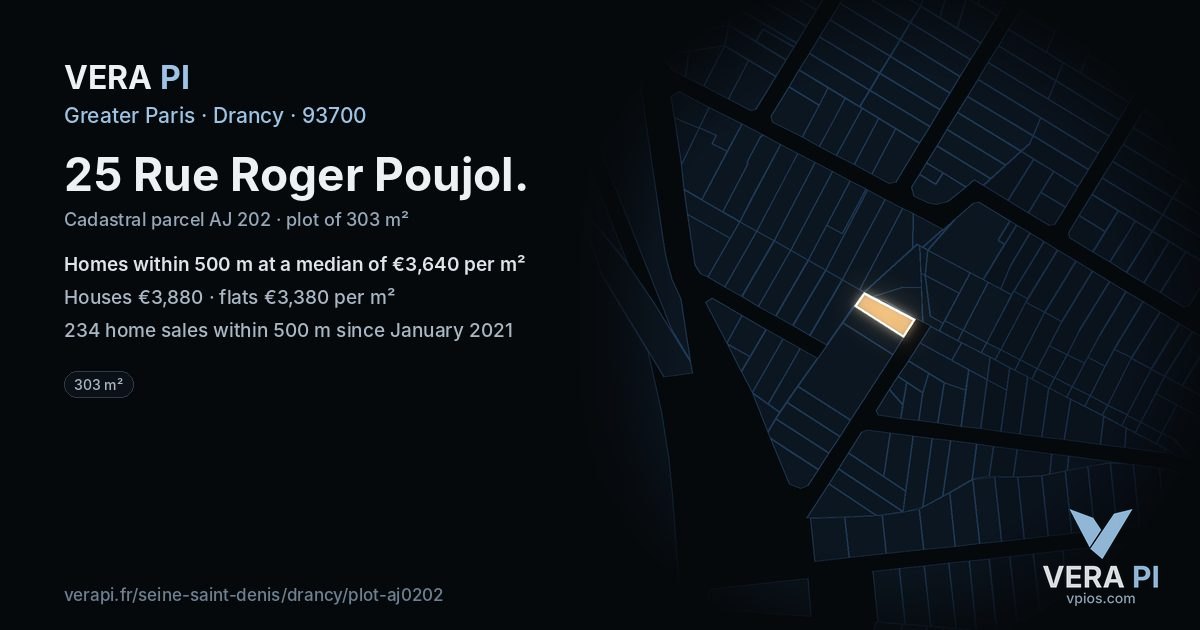 25 Rue Roger Poujol, Drancy at night – the plot lit, the parcels around coloured by the prices near them