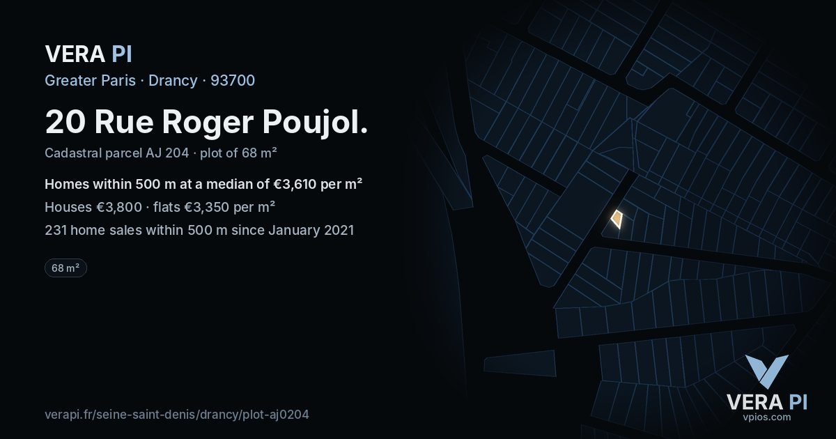 20 Rue Roger Poujol, Drancy at night – the plot lit, the parcels around coloured by the prices near them