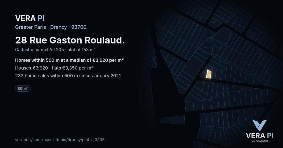 28 Rue Gaston Roulaud, Drancy at night – the plot lit, the parcels around coloured by the prices near them