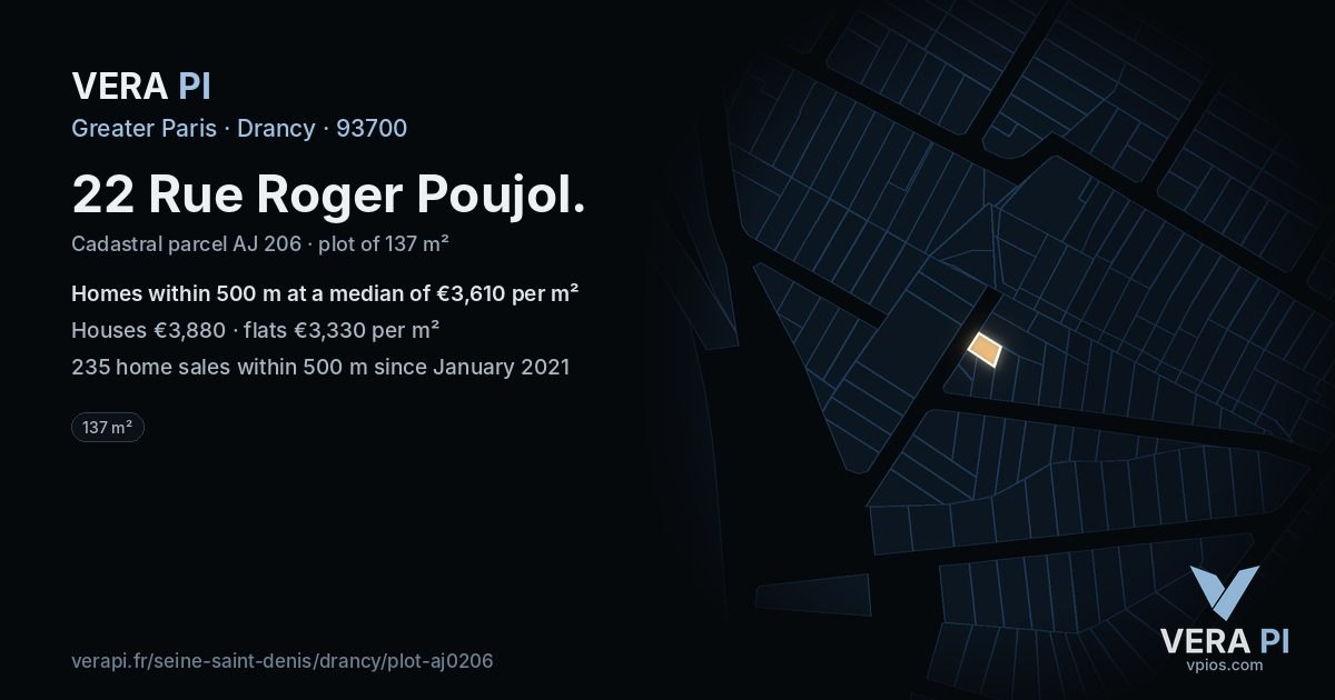 22 Rue Roger Poujol, Drancy at night – the plot lit, the parcels around coloured by the prices near them
