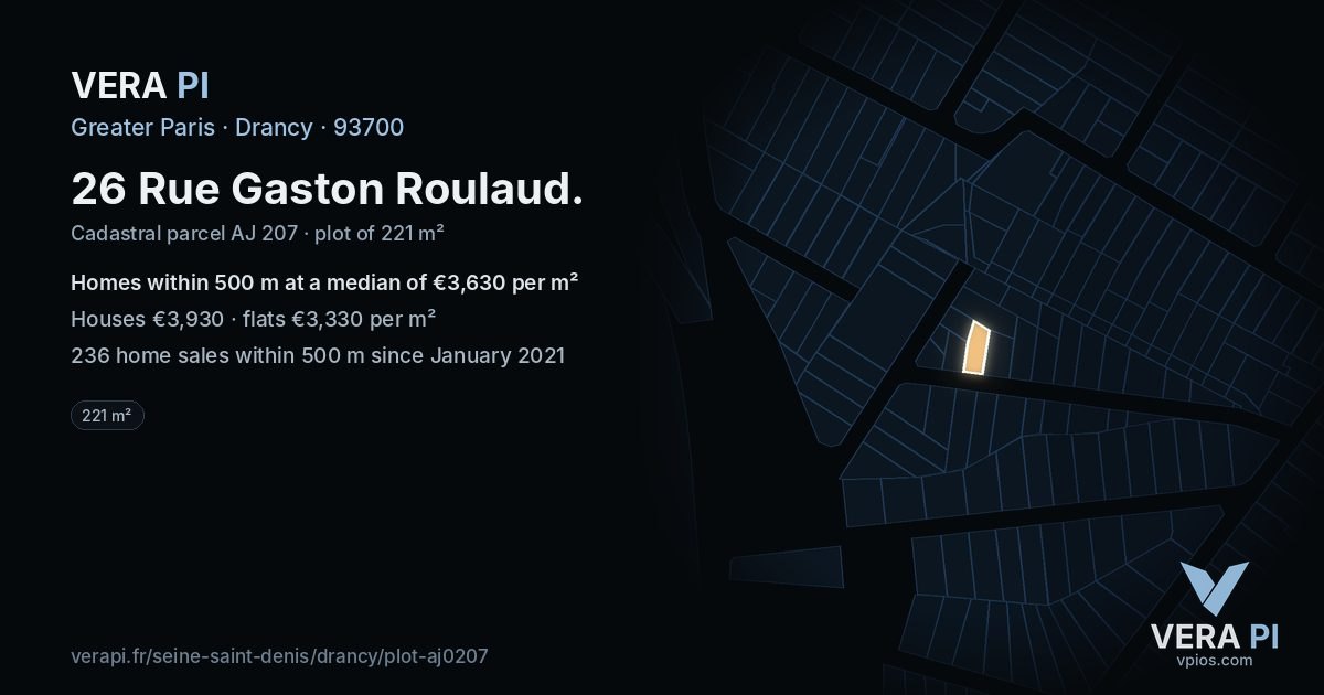 26 Rue Gaston Roulaud, Drancy at night – the plot lit, the parcels around coloured by the prices near them