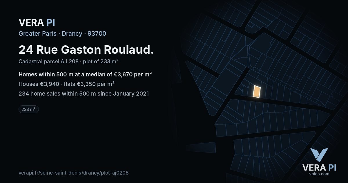 24 Rue Gaston Roulaud, Drancy at night – the plot lit, the parcels around coloured by the prices near them