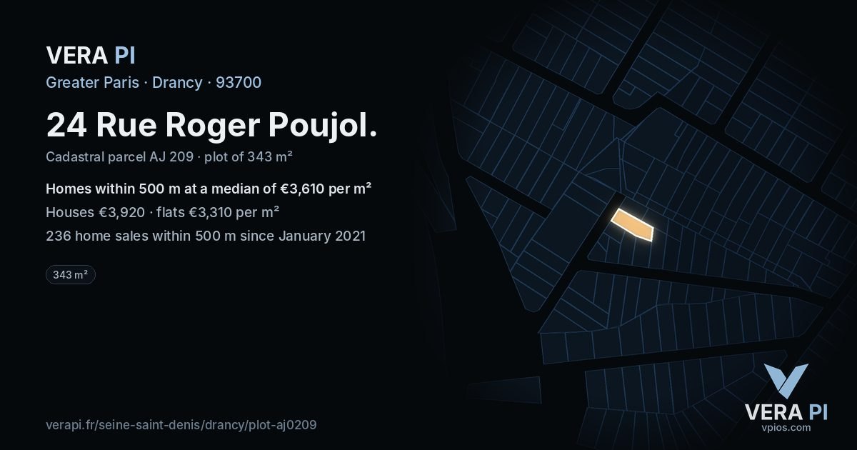 24 Rue Roger Poujol, Drancy at night – the plot lit, the parcels around coloured by the prices near them