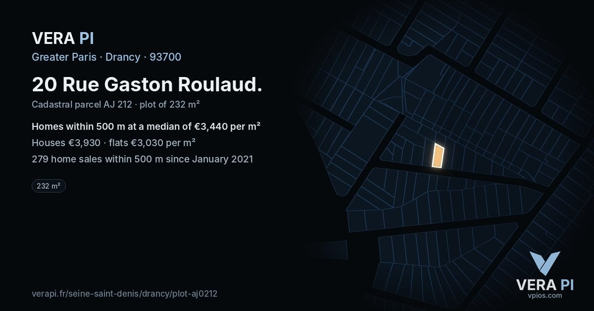 20 Rue Gaston Roulaud, Drancy at night – the plot lit, the parcels around coloured by the prices near them