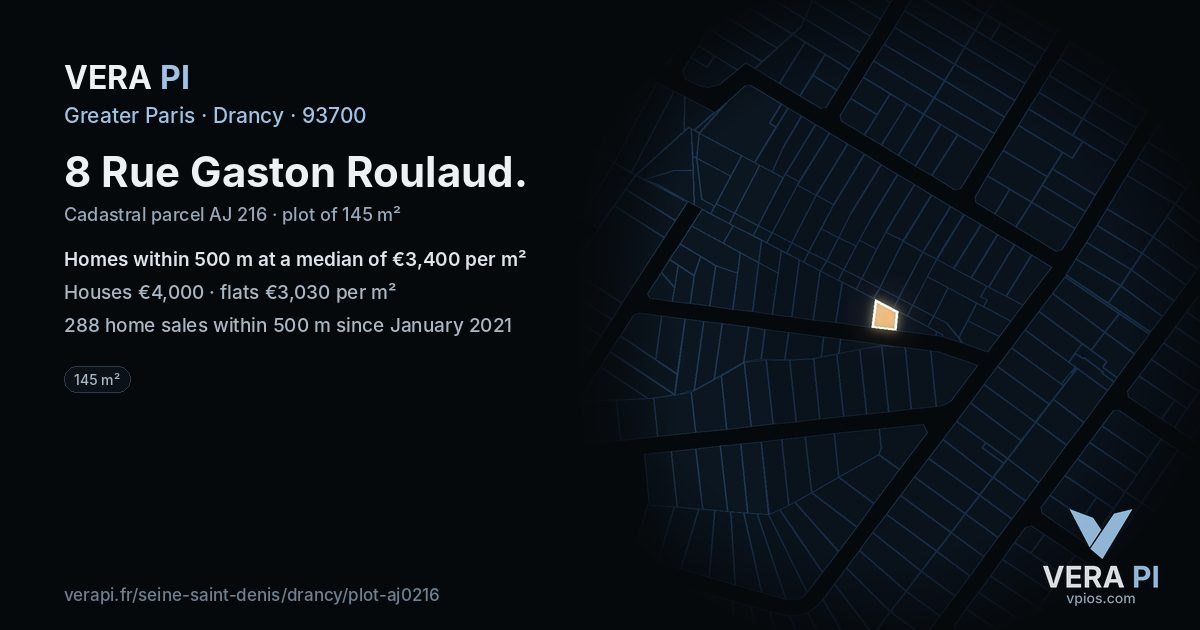 8 Rue Gaston Roulaud, Drancy at night – the plot lit, the parcels around coloured by the prices near them