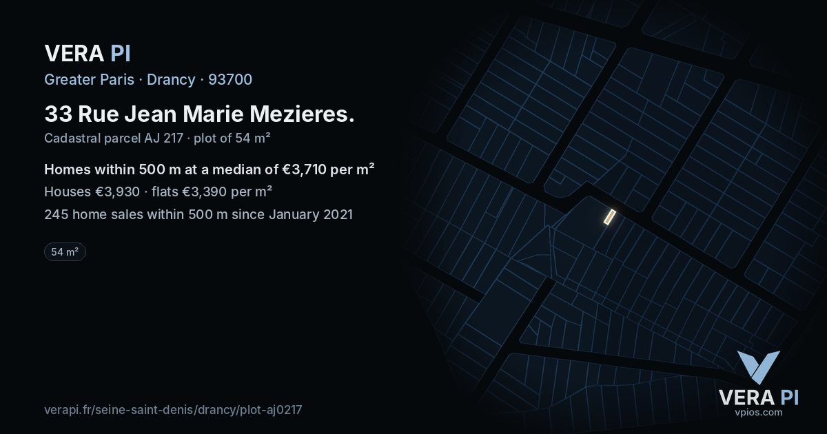 33 Rue Jean Marie Mezieres, Drancy at night – the plot lit, the parcels around coloured by the prices near them